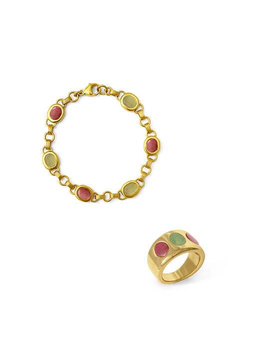 Aventurine and Rhodonite Bracelet + Wide Ring Set