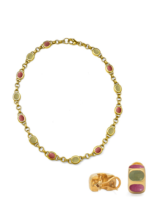 Aventurine and Rhodonite Necklace + Huggies Set