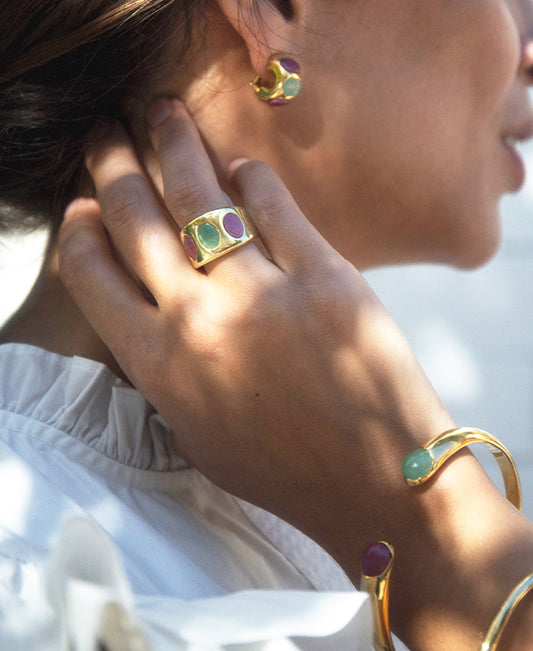 Aventurine and Rhodonite Bracelet + Wide Ring Set